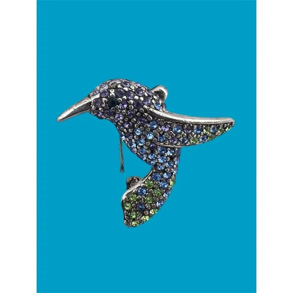 Monet Vtg Hummingbird Brooch Pin Rhinestone Crystal Green Blue Signed! Sparkle!! - Picture 2 of 4